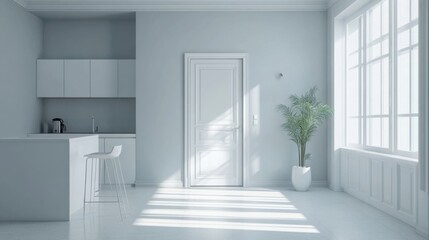 Fototapeta premium a white kitchen with a white door and a white counter