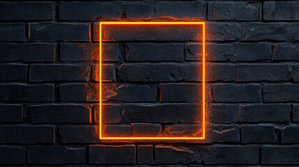 vibrant neon orange square outline against textured black brick wall creates striking visual contrast, perfect for modern design and artistic backgrounds