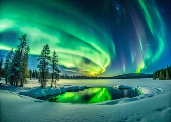 Vibrant Green Aurora Borealis Dancing Over Snow-Covered Landscape - Panoramic Night Sky