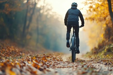 Person Riding Bicycle Through Autumn Forest Path with Golden Leaves