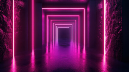 vibrant corridor illuminated by pink neon lights creates surreal atmosphere. reflections on wet floor enhance depth and intrigue of this modern space