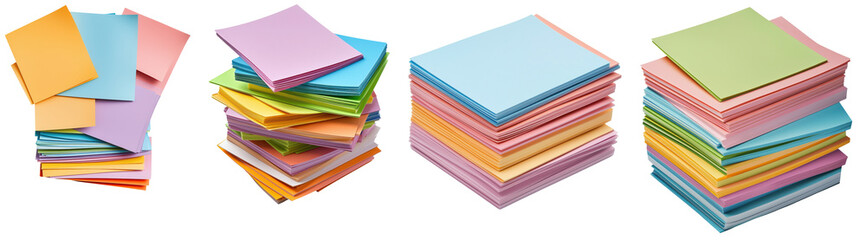 Colorful stacks of sticky notes in various shades, arranged in distinct piles showcasing their vibrant hues and varying sizes.