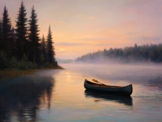 Obraz premium Tranquil Sunrise over Misty Lake with a Canoe in the Water