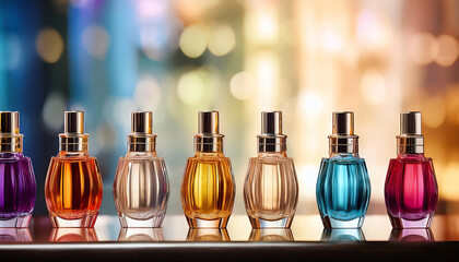 Naklejka premium A colorful array of elegant perfume bottles lined up against a blurred, vibrant background, showcasing various scents in a visually appealing display.