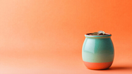 Colorful ceramic money jar filled with coins against orange background, symbolizing savings and financial planning. vibrant and cheerful representation of budgeting