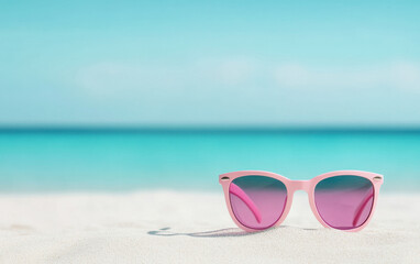 pair of pink sunglasses resting on sandy beach with turquoise ocean