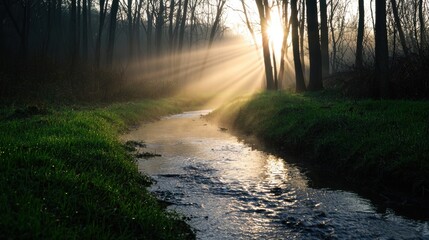 Obraz premium Tranquil Morning Light Breaking Through Fog Over Calm Stream