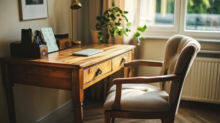 a desk with a chair and a lamp