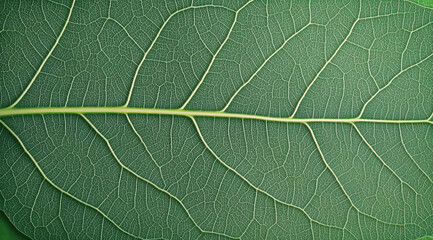 Fototapeta premium Close up of green leaf texture showcasing intricate veins and patterns, highlighting beauty of nature design. vibrant green color adds fresh and lively feel