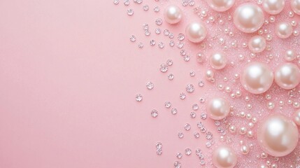 Sparkling pastel pink background with elegant pearl accents, creating a subtle yet luxurious backdrop with room for copy