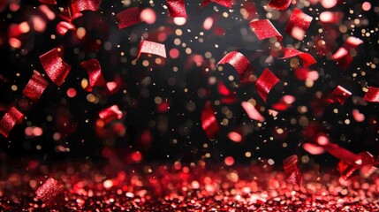 Sparkling red glitter confetti on a rich black backdrop, offering a dynamic and celebratory design for banners and events