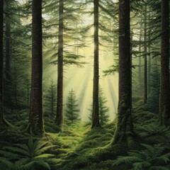 Fototapeta premium Lush Green Forest with Sunlight Streaming Through Tall Trees