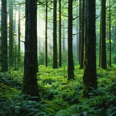 Obraz premium Serene Forest Landscape with Lush Greenery and Soft Sunlight
