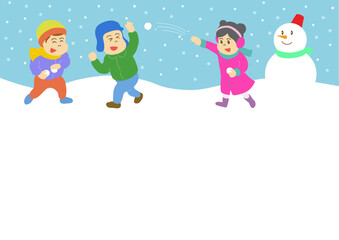 ポストカード・グリーティングカード・寒中見舞いで使える雪合戦をする子供と雪だるまのベクターイラスト