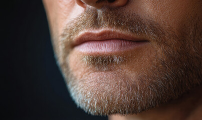 Obraz premium Close up of man face with no facial hair, showcasing smooth lips and skin texture. image captures sense of calm and confidence