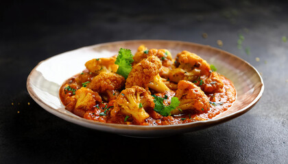 A vibrant dish of cauliflower in a rich tomato sauce, garnished with fresh herbs, served on a decorative plate.