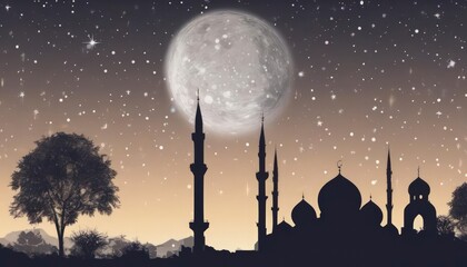 silhouette of mosque in night. moon and stars. 