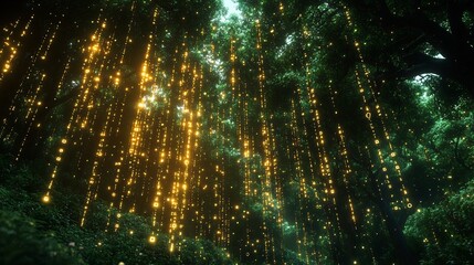 Golden Light Drizzles Mysteriously Through Lush Forest Canopy: Digital Painting in a Dreamlike Style. AI Generated