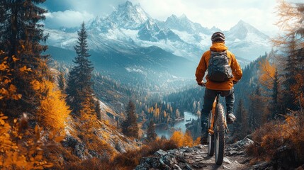 Obraz premium Mountain biker overlooking autumnal valley, snowy peaks.