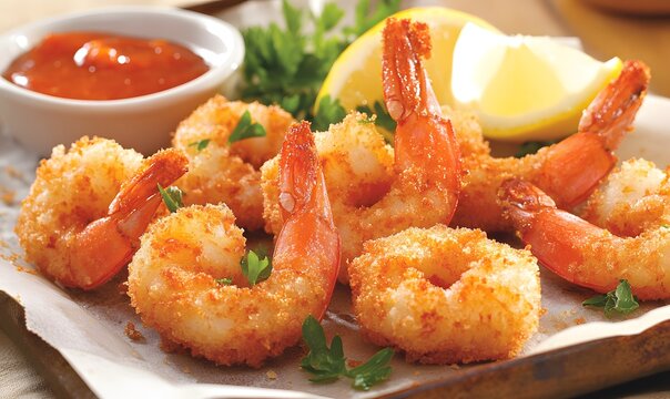 Perfectly grilled golden breaded shrimp arranged on a parchment lined baking tray. Generative AI 