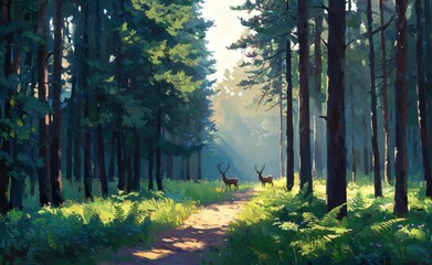 Obraz premium Peaceful Forest Landscape with Deer and Sunlight Through Trees
