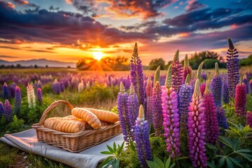 Vibrant Lupine Field at Sunset: Stunning Food Photography Background