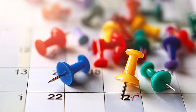 A colorful assortment of pushpins scattered on a calendar, highlighting organization and planning tools.
