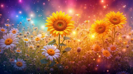 A vibrant field of sunflowers and daisies glowing under a magical colorful background