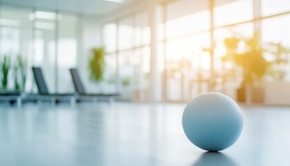 Fototapeta premium blue exercise ball rests on bright floor in spacious therapy room, surrounded by plants and natural light