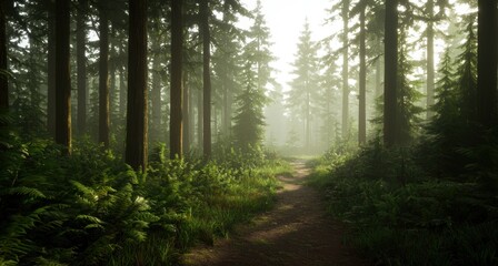 Fototapeta premium Serene Misty Forest Pathway Surrounded by Tall Evergreen Trees