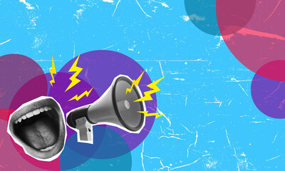 Modern art collage with Colorful Abstract Artwork Featuring a Loudspeaker and Vibrant Background Graphics