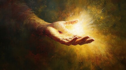 The hand of Jesus Christ illuminated with warm light, reaching out in a symbolic gesture of love and salvation, depicted in a heartfelt painting
