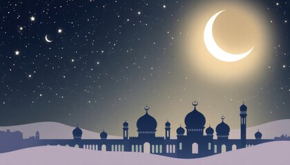 The mosque's distinct architectural features, such as domes and minarets, are outlined in dark, while warm light emanates from its windows and a glowing crescent moon hangs prominently in the sky,