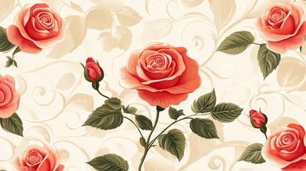 Silk seamless pattern of red rose wallpaper. Abstract floral background for gift paper. Vector illustration