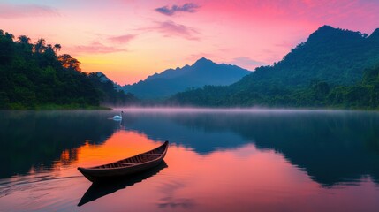 Serene Sunset Over Calm Lake with Boat and Mountains in Background