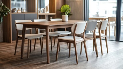 a wooden table with white chairs in a room