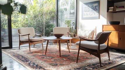 Obraz premium a living room with a rug and chairs