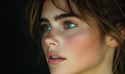 Fototapeta premium Close-up, freckled woman, green eyes, brown hair.