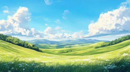 Obraz premium Tranquil green hills and meadows under a clear blue sky with soft white clouds, creating an inviting and peaceful panoramic banner