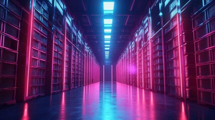 Fototapeta premium Modern Warehouse Interior with Bright Neon Lights and Rows of Containers, Showcasing an Innovative Storage Environment