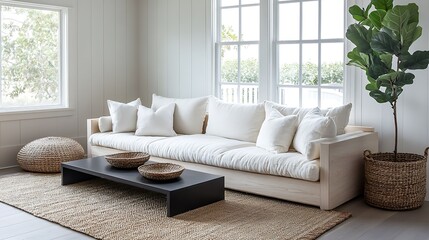 White sofa, pillows, coffee table, plant in bright living room.