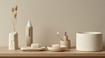 a table with a vase, soap dish, toothbrushes and soap dispenser