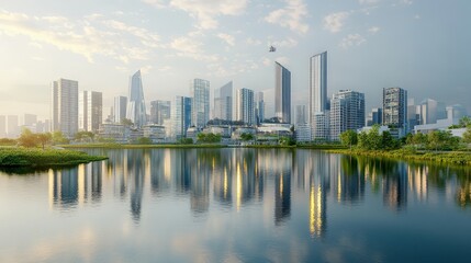 Fototapeta premium Modern urban landscape featuring energy-efficient buildings beside a tranquil water body with reflections of the skyline under a clear sky