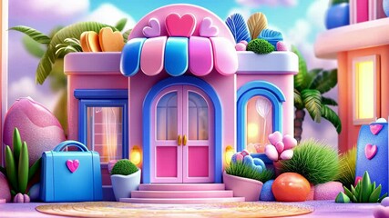 Whimsical pastel shopping paradise with playful chaos in dreamlike setting