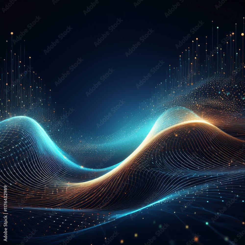 Poster abstract particle wave with futuristic point connections, representing data flow and technology, per