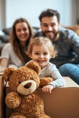 Parents and child settle into their new dwelling, embracing the joy of home ownership.