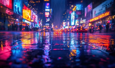 Obraz premium Rainy city street, vibrant neon reflections.