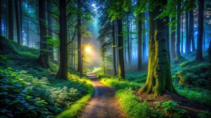 Obraz premium Night photography captures a dark forest trail's eerie beauty, a low-light nature scene.