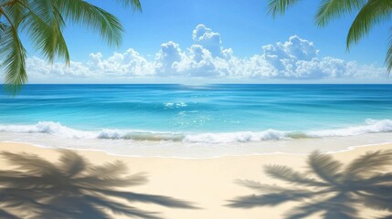White sand beach with palm tree shadows and a turquoise ocean, creating a dreamy summer holiday background