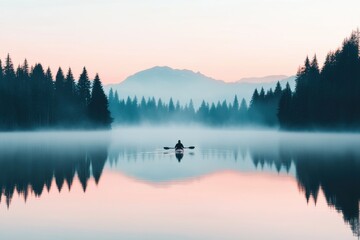 Fototapeta premium Tranquil Lake at Dawn with Solitary Kayaker in Misty Landscape
